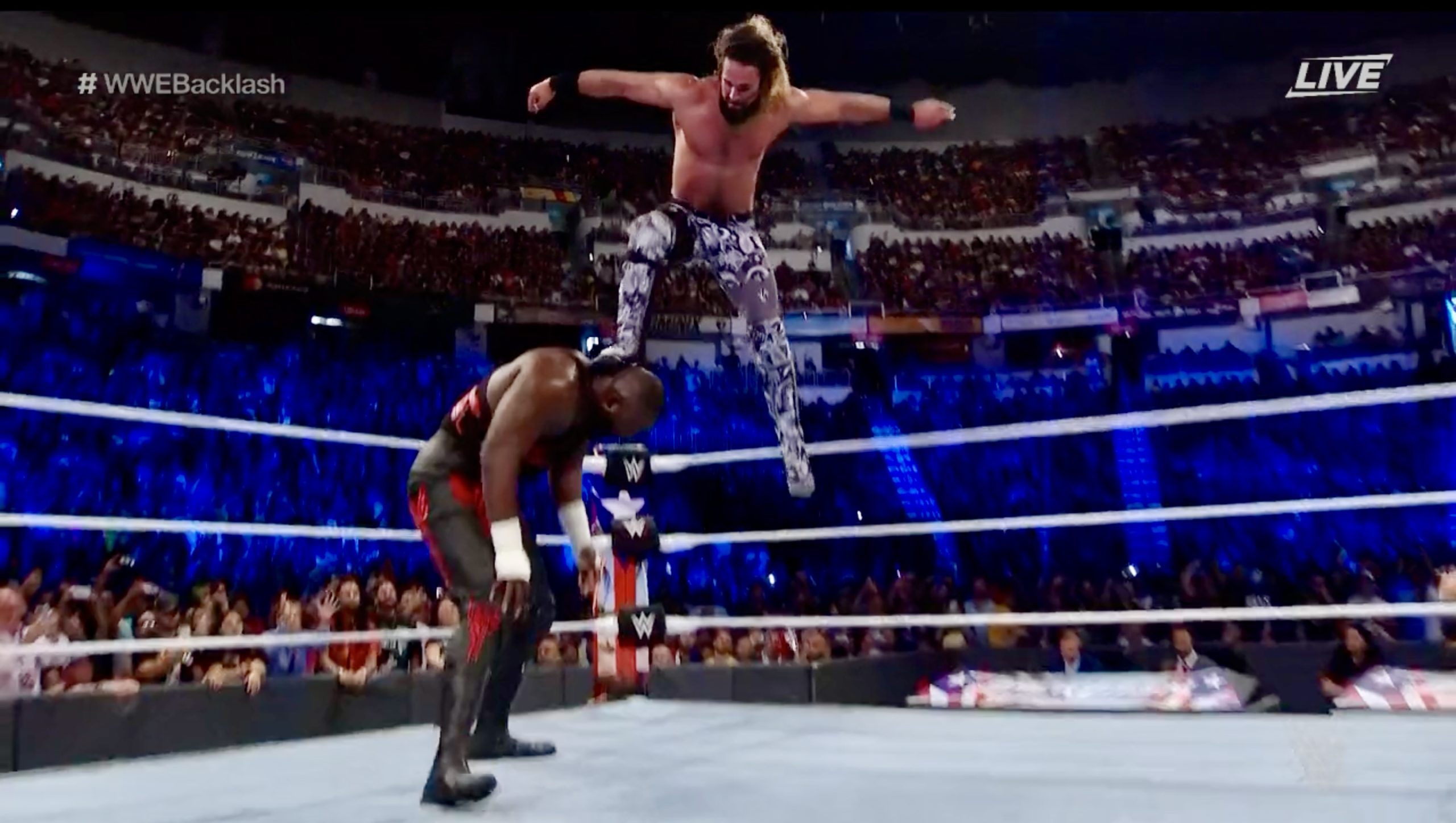 Seth Rollins defeats Omos with top rope ‘SuperStomp’ at WWE Backlash