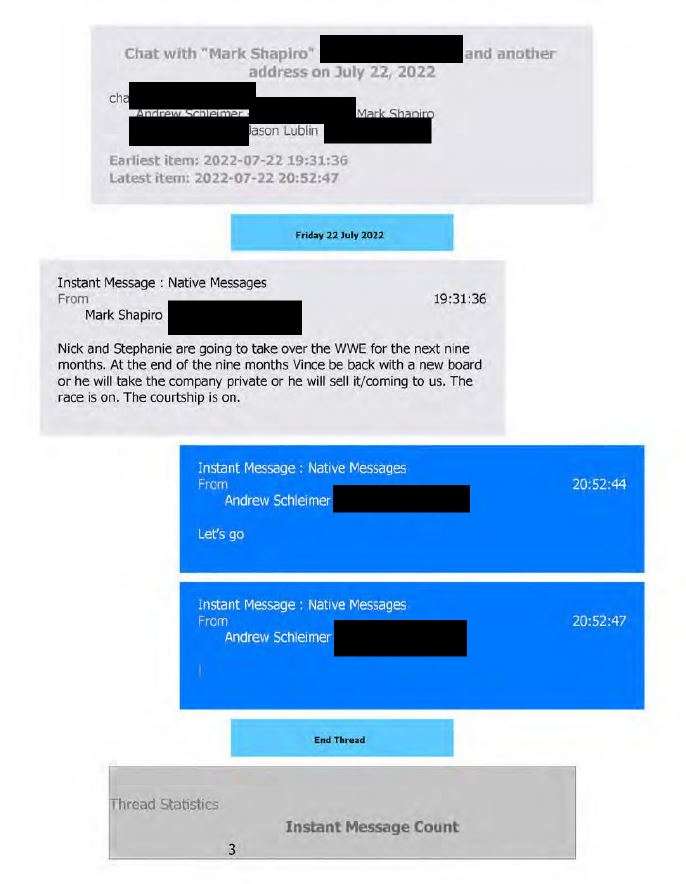 Screenshot of a July 22, 2022 internal instant-message thread showing Mark Shapiro telling Andrew Schleimer and Jason Lublin that Vince McMahon is expected to return to WWE after about nine months and either take the company private or sell it, adding, “The race is on. The courtship is on.”