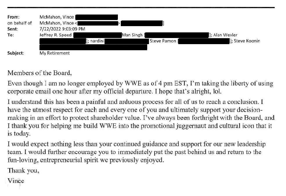 Screenshot of an email dated July 22, 2022, from Vince McMahon to WWE board members titled “My Retirement,” stating he is no longer employed by WWE and thanking the board for its guidance.