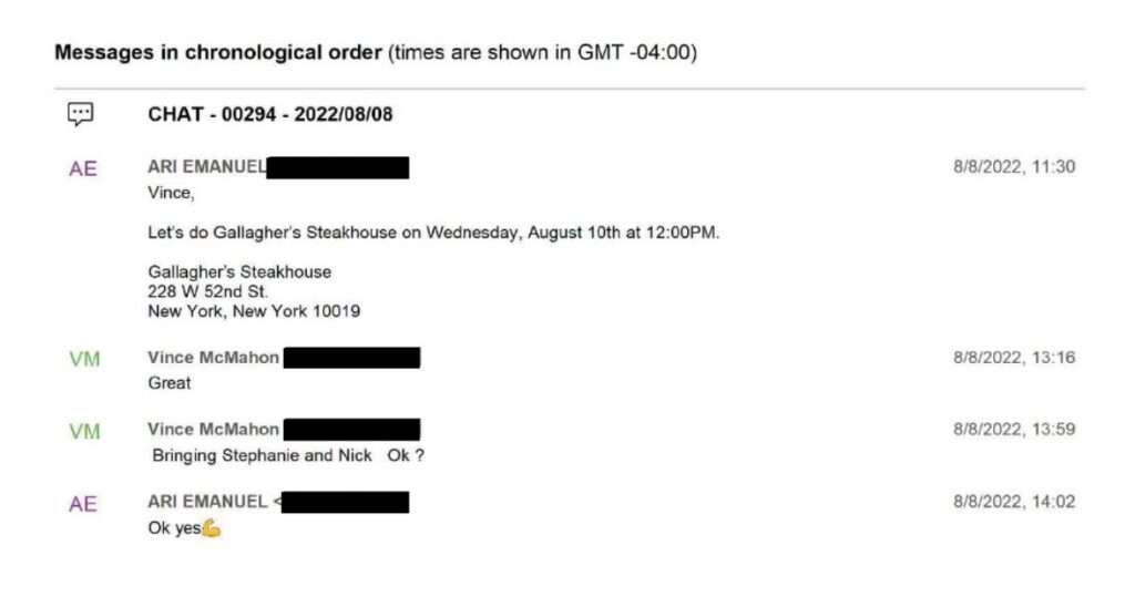 Screenshot of text messages dated August 8, 2022, showing Ari Emanuel proposing a lunch meeting and Vince McMahon confirming attendance and asking to bring Stephanie McMahon and Nick Khan.