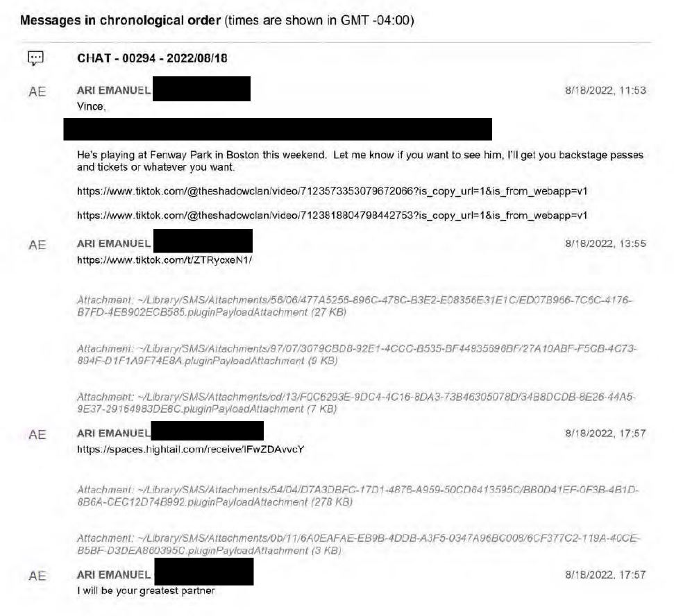 Screenshot of a message log dated August 18, 2022, showing multiple messages from Ari Emanuel to Vince McMahon, including links, attachments, and the text “I will be your greatest partner.”