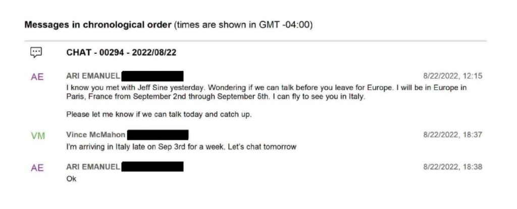 Screenshot of text messages dated August 22, 2022, showing Ari Emanuel asking Vince McMahon to talk before his Europe trip and McMahon responding that he will arrive in Italy in early September.