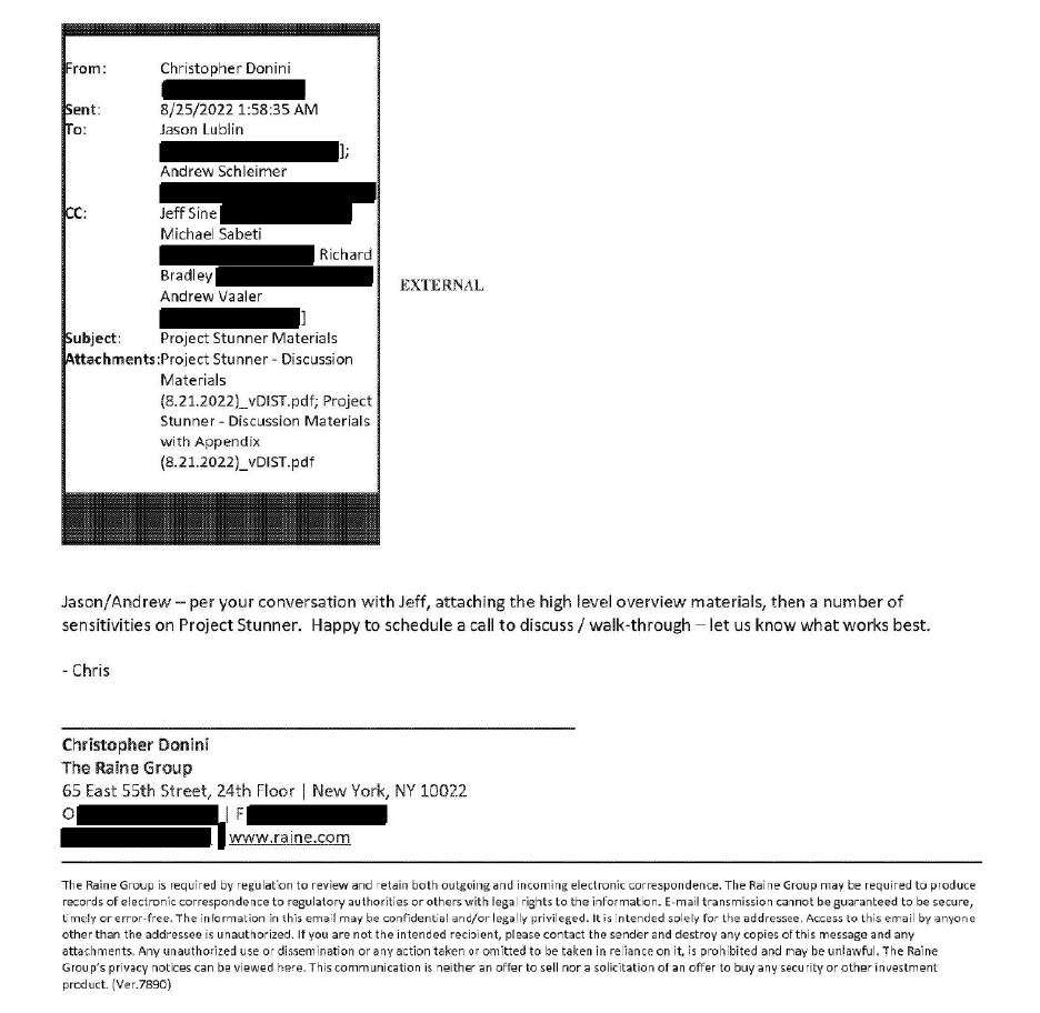 Screenshot of an email dated August 25, 2022, from Christopher Donini of The Raine Group with the subject “Project Stunner Materials,” attaching discussion documents and offering a follow-up call.