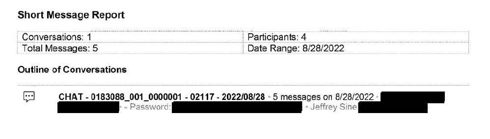 Screenshot identifying text message as involving Jeff Sine.