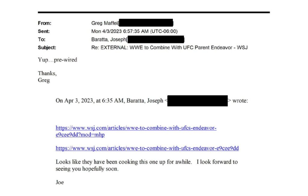 Screenshot of an internal Liberty Media email referencing a Wall Street Journal article about WWE combining with UFC under Endeavor.